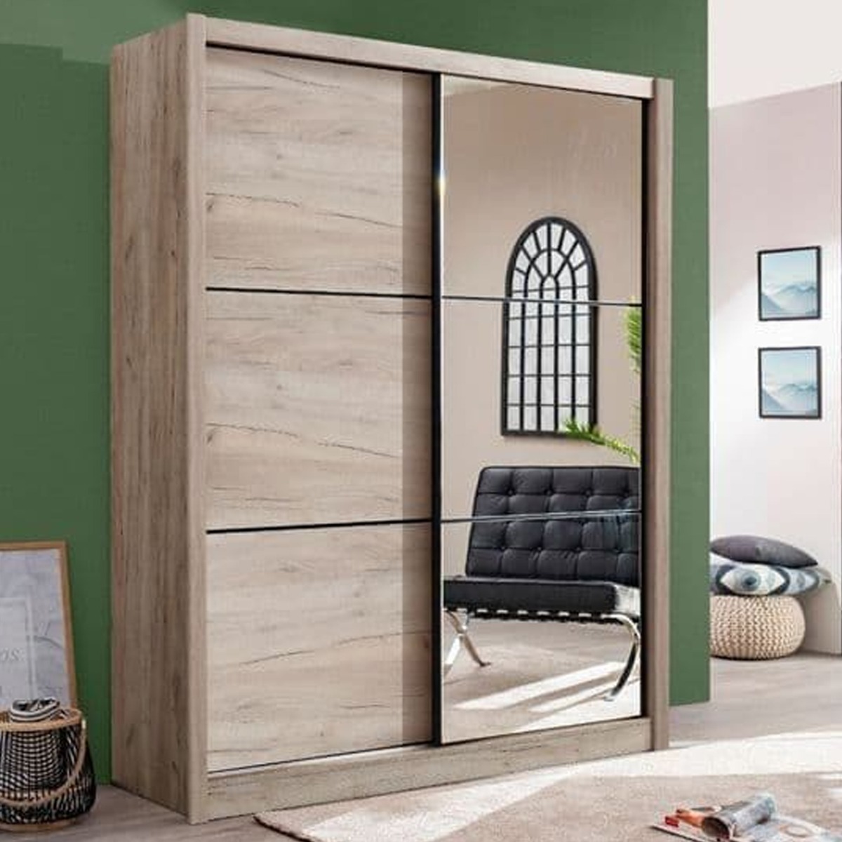 SONATA 2 Door Mirrored Sliding Wardrobe Light Oak - 166.2cm
