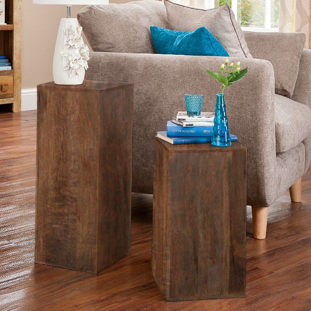 Delta Set Of 2 Mango Wood Cube Lamp Tables - Walnut