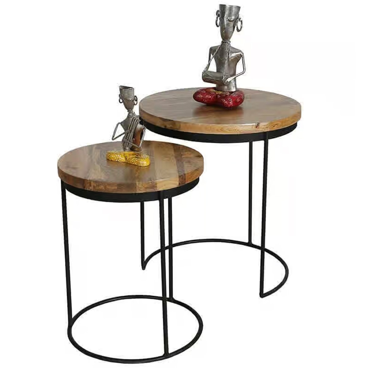 Tracey Industrial Iron Round Nest Of 2 Tables - Light Wood Tone
