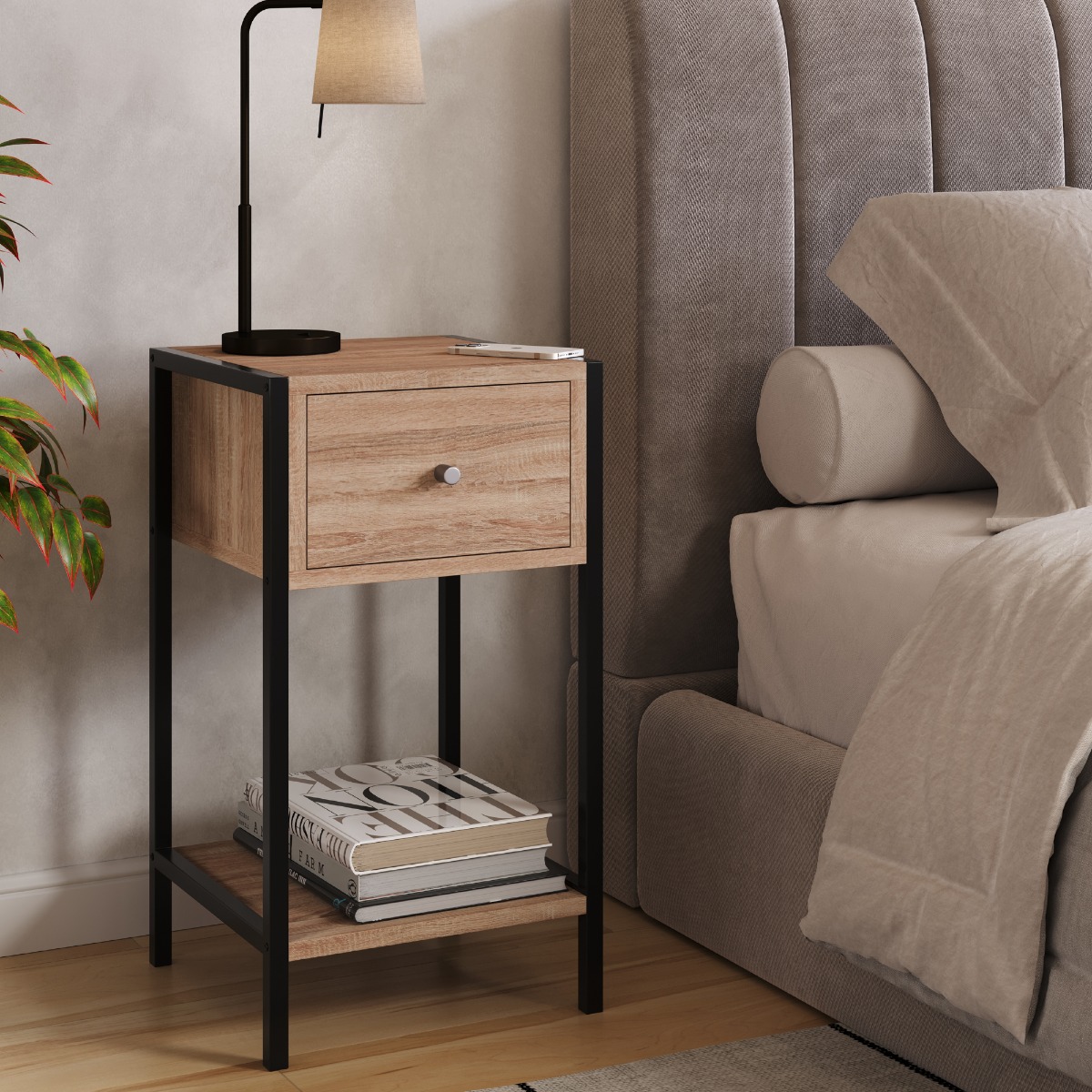ASHBOURNE Small Narrow Wood Bedside Table 1 Drawer - Oak Effect