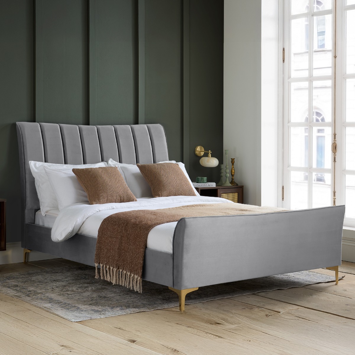 Clover Modern Design Grey Velvet Gold Feets Bed - Small Double 4ft