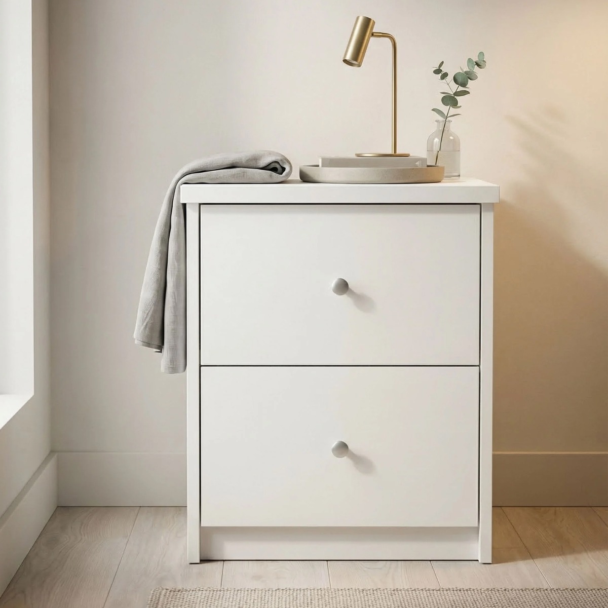 WEXFORD Narrow Solid Wood Bedside Table 2 Drawers - White