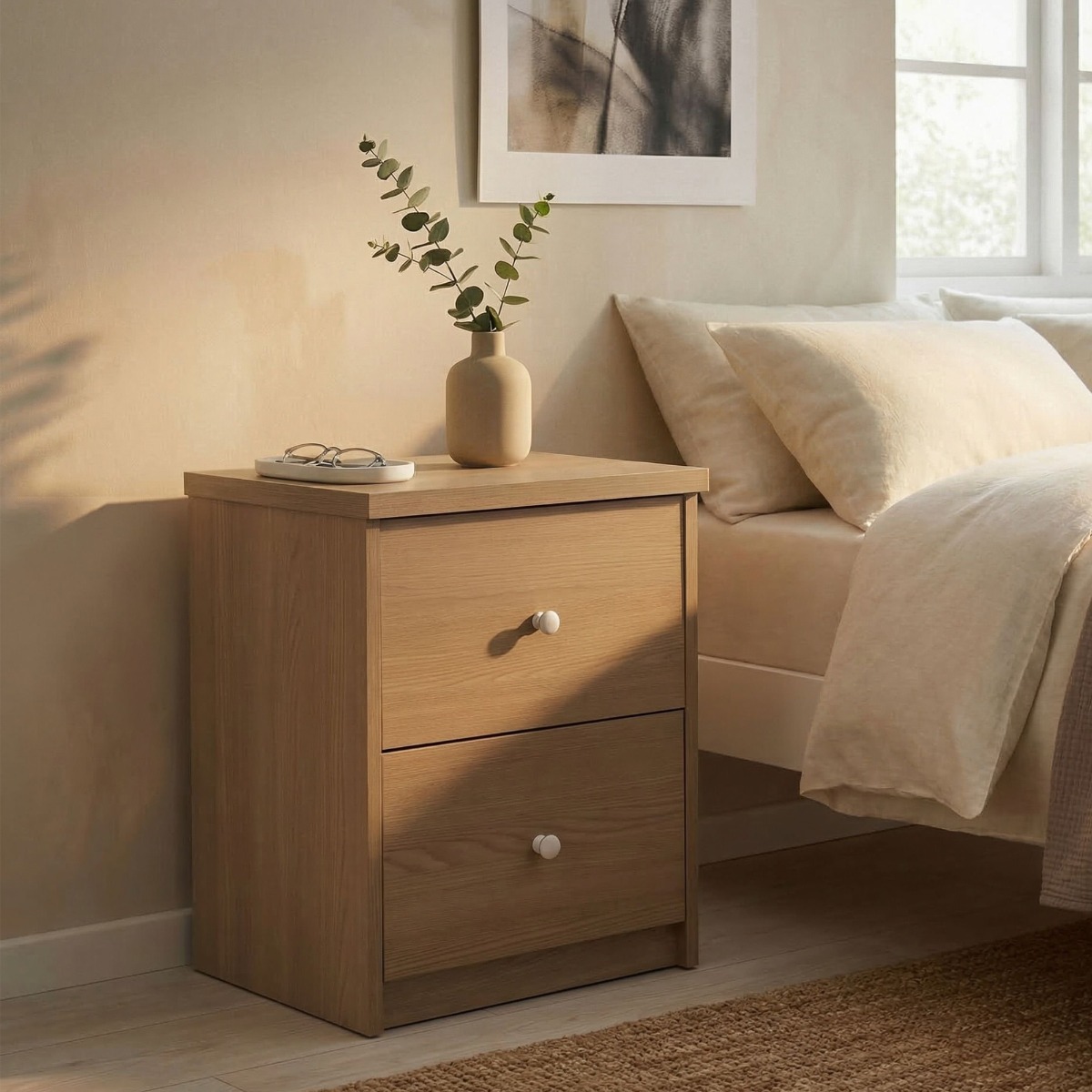 VALMONT Small Narrow Solid Wood Bedside Table 2 Drawers - Smoke Oak Effect