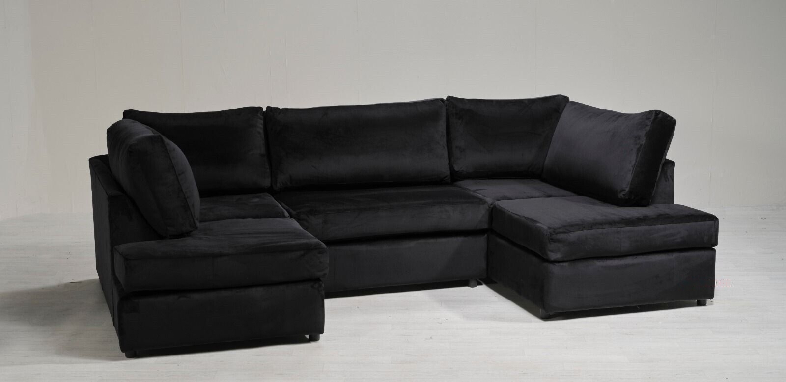 MORRISON Plush Velvet 5 Seater Fullback Corner Sofa - U Shaped - Black