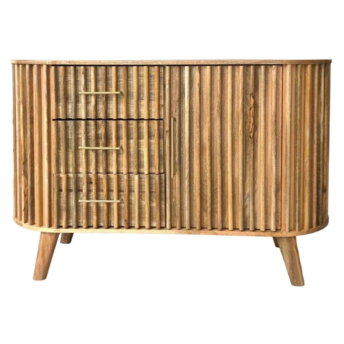 Crosby Mango Wood Slated Design 3 Drawer Sideboard with Door - Light Finish