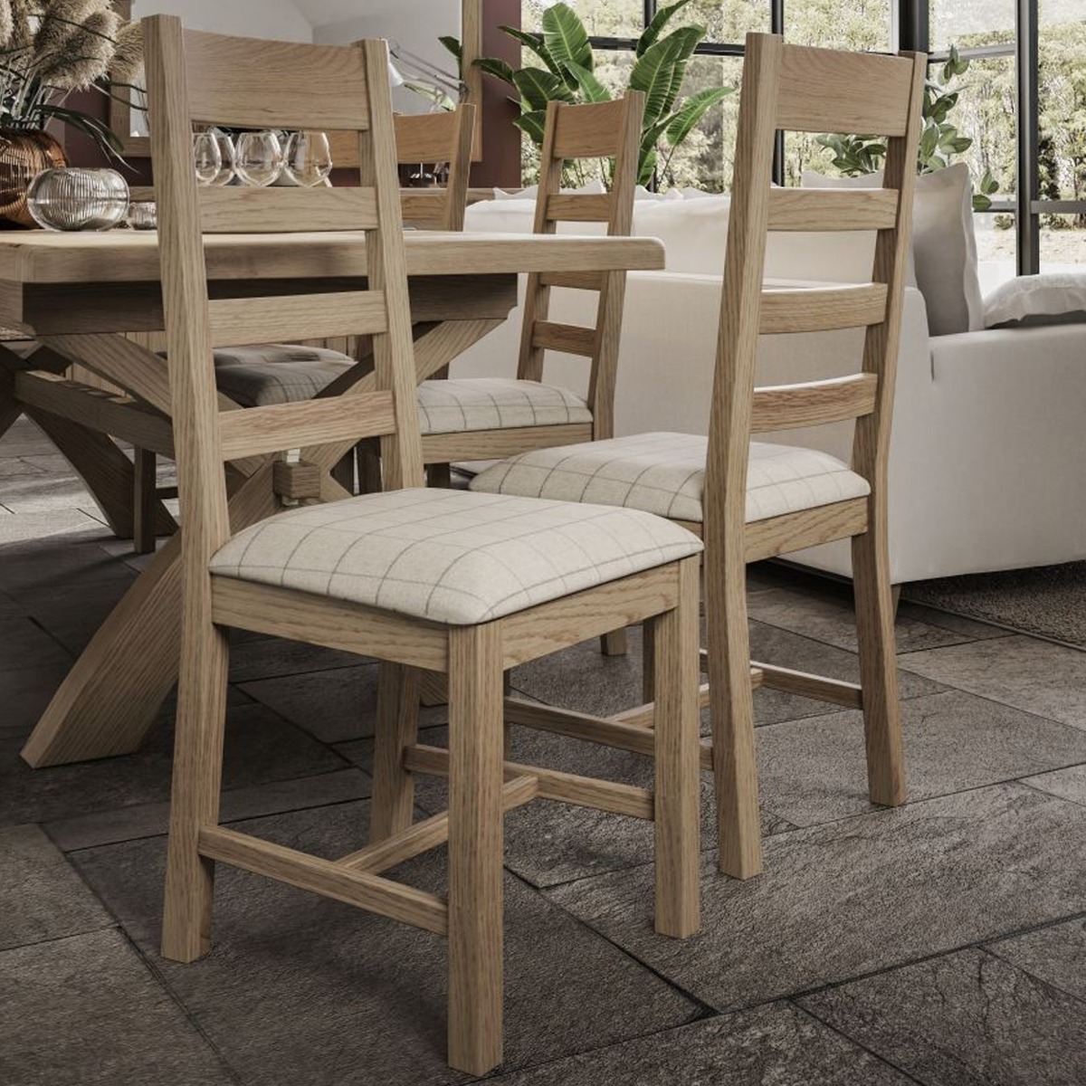 LOTARO Fabric Slatted Smoked Oak Dining Chair Set of 2 - Beige