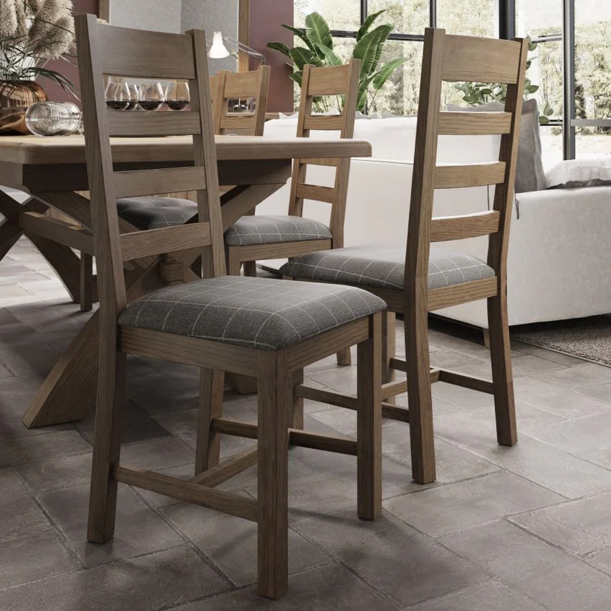 LOTARO Fabric Slatted Smoked Oak Dining Chair Set of 2 - Grey Check