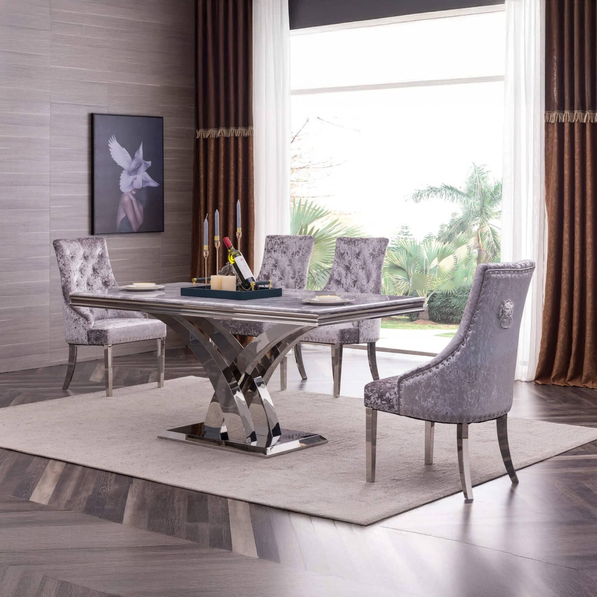 Catherine Set of 2 Velvet Dining Chairs with Stainless Steel Legs - Grey