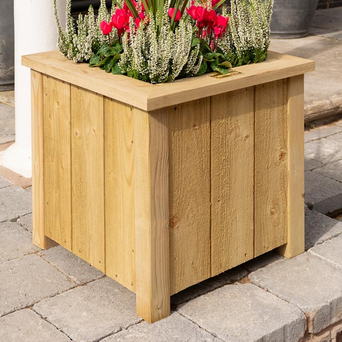 Natural Timber Finish Square Garden Planter with Open Slatted Base - Small