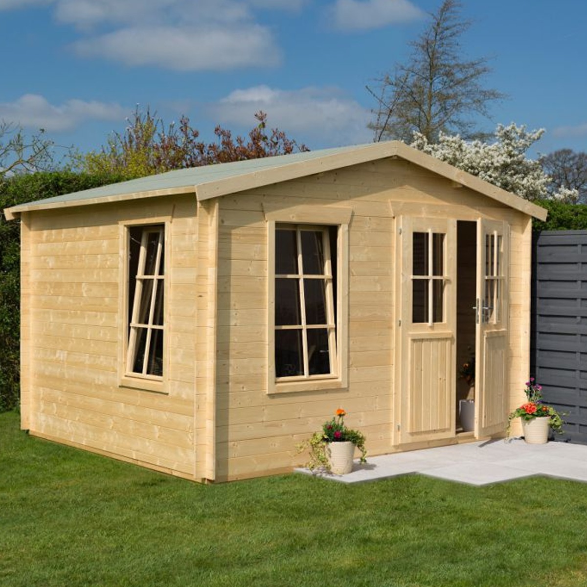 Rowlinson Timber Log Cabin Interlocking Walls with Tilt Windows and Double Doors