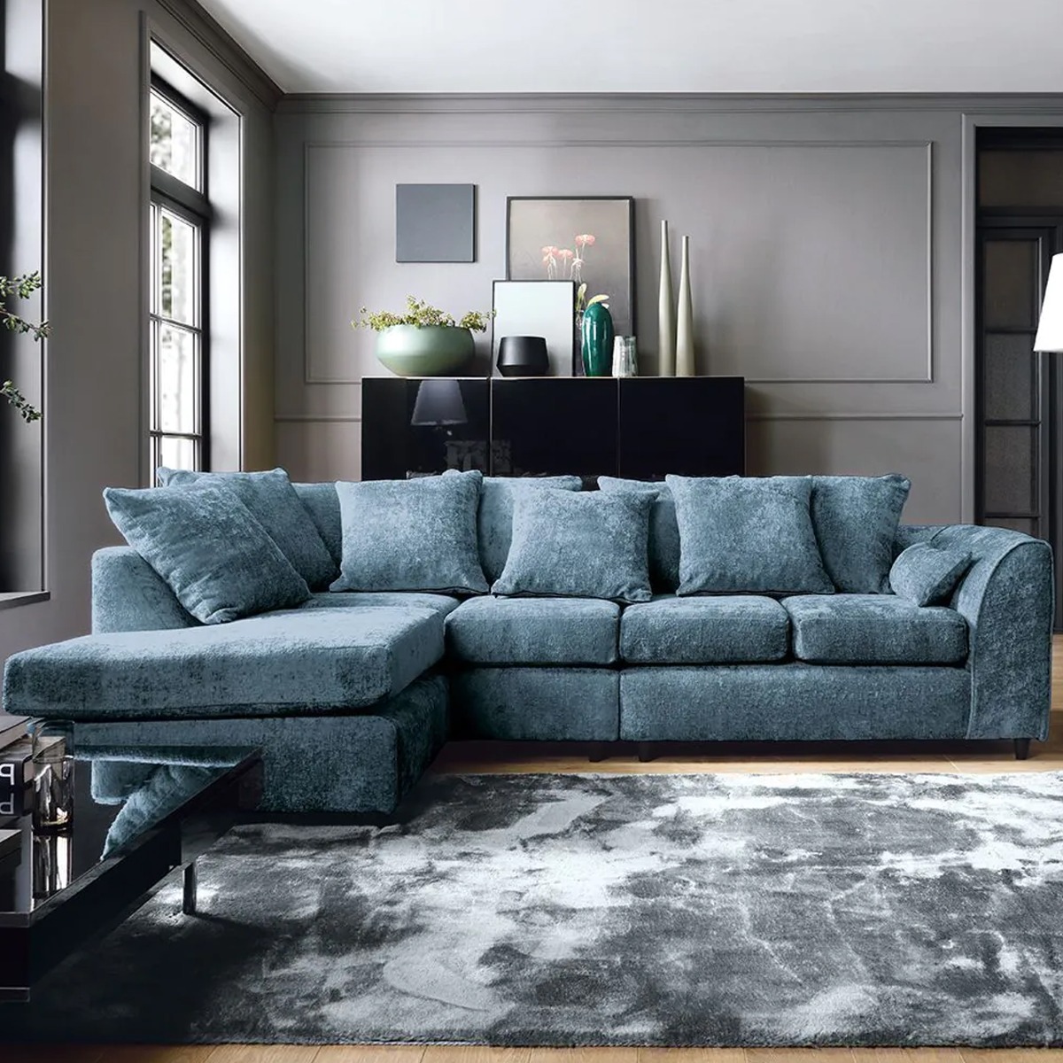 HENRY Chenille Fabric 5 Seater Corner Sofa - L Shaped - Left Hand Facing - Dark Blue