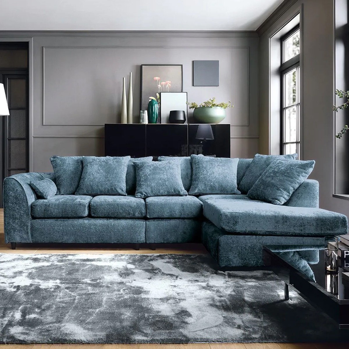 HENRY Chenille Fabric 5 Seater Corner Sofa - L Shaped - Right Hand Facing - Dark Blue