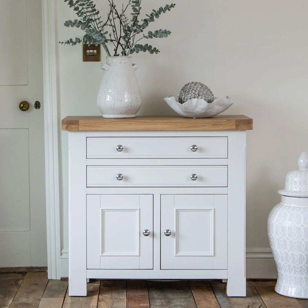 Chunky Oak Small Sideboard with 2 Door and 2 Drawer - White