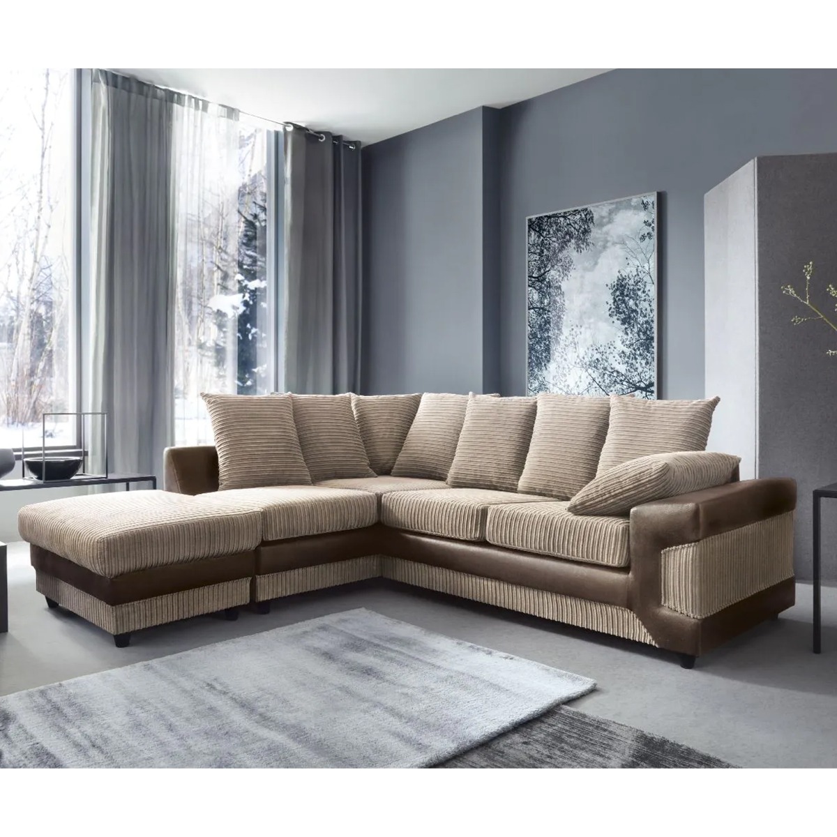 DINO Jumbo Cord 5 Seater Corner Sofa - L Shaped - Left Hand Facing - Brown and Beige