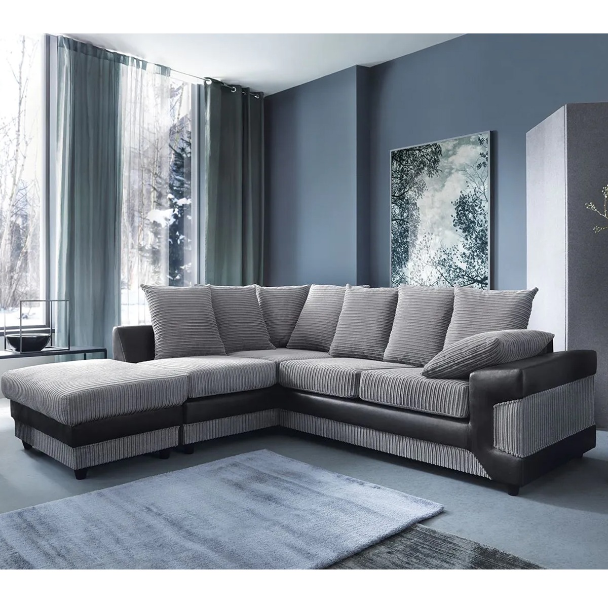 DINO Jumbo Cord 5 Seater Corner Sofa - L Shaped - Left Hand Facing - Black and Grey