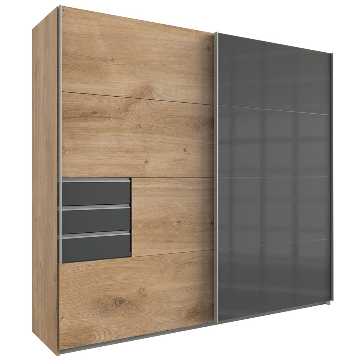 SOGO 2 Door Sliding Wardrobe with 3 Drawers Oak with Black - 225cm