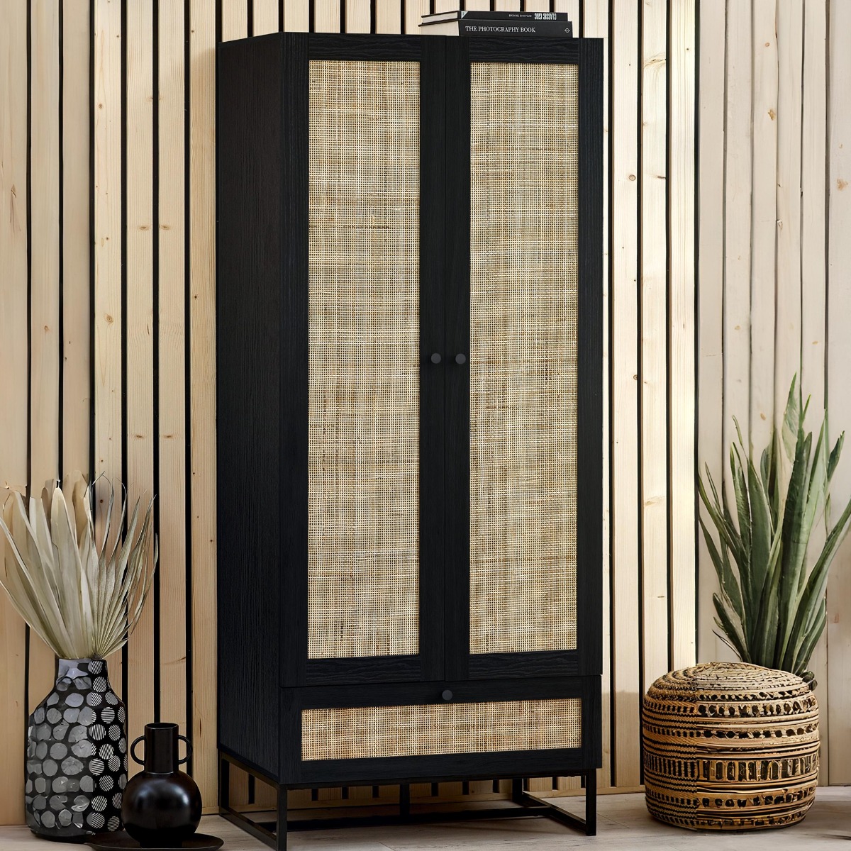 PETERLEE 2 Door Rattan Wardrobe with 1 Drawer Black - 80cm