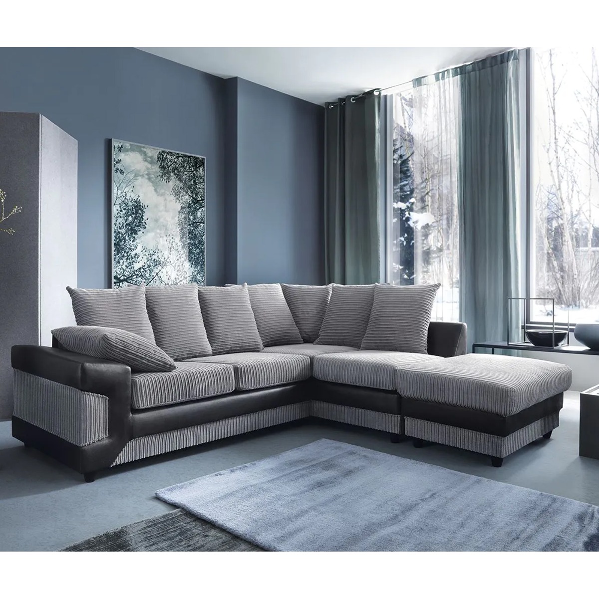 DINO Jumbo Cord 5 Seater Corner Sofa - L Shaped - Right Hand Facing - Black and Grey