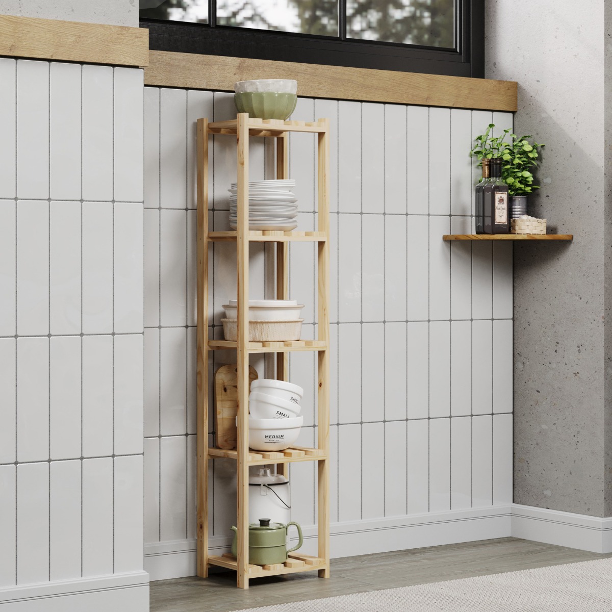 FLEXOR Narrow Storage Unit Wood Slatted Shelving Adjustable Storage - Natural