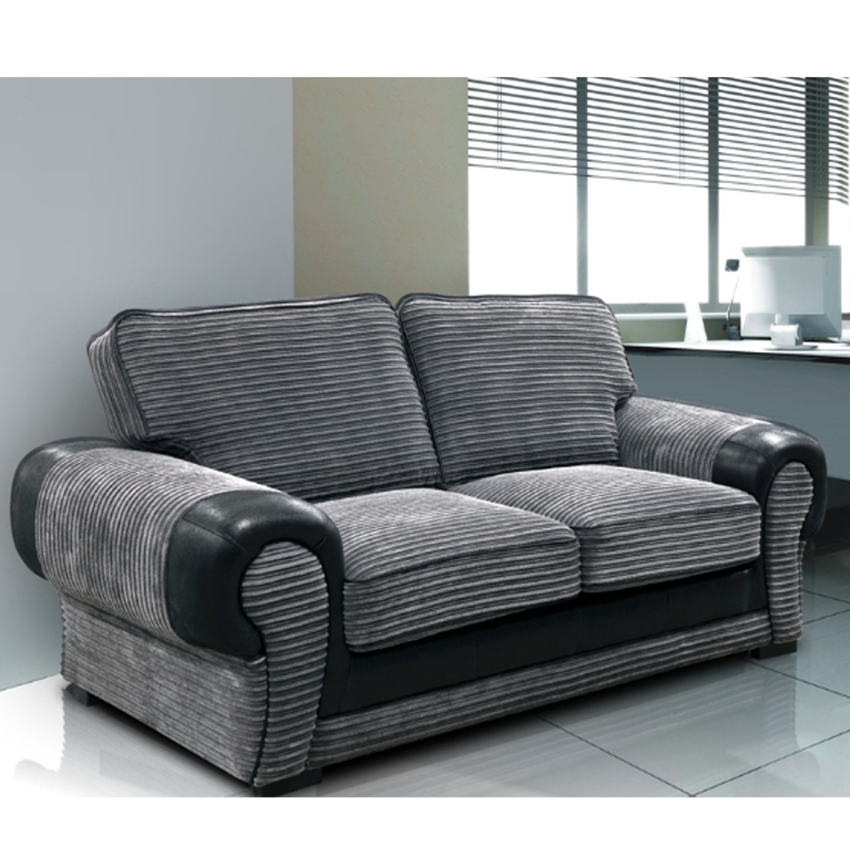 LORRAINE Jumbo Cord 2 Seater Fullback Sofa - Grey and Black
