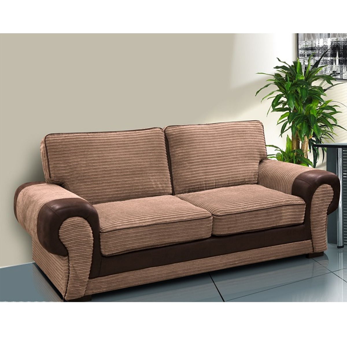 LORRAINE Jumbo Cord 3 Seater Fullback Sofa - Brown and Beige