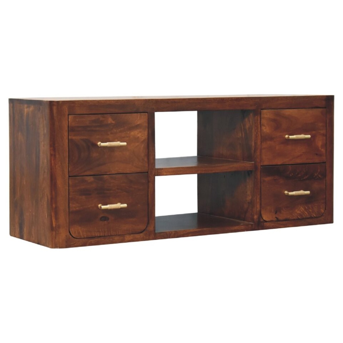 Classy Chestnut Media Unit with Four Drawers and Two Open Slots