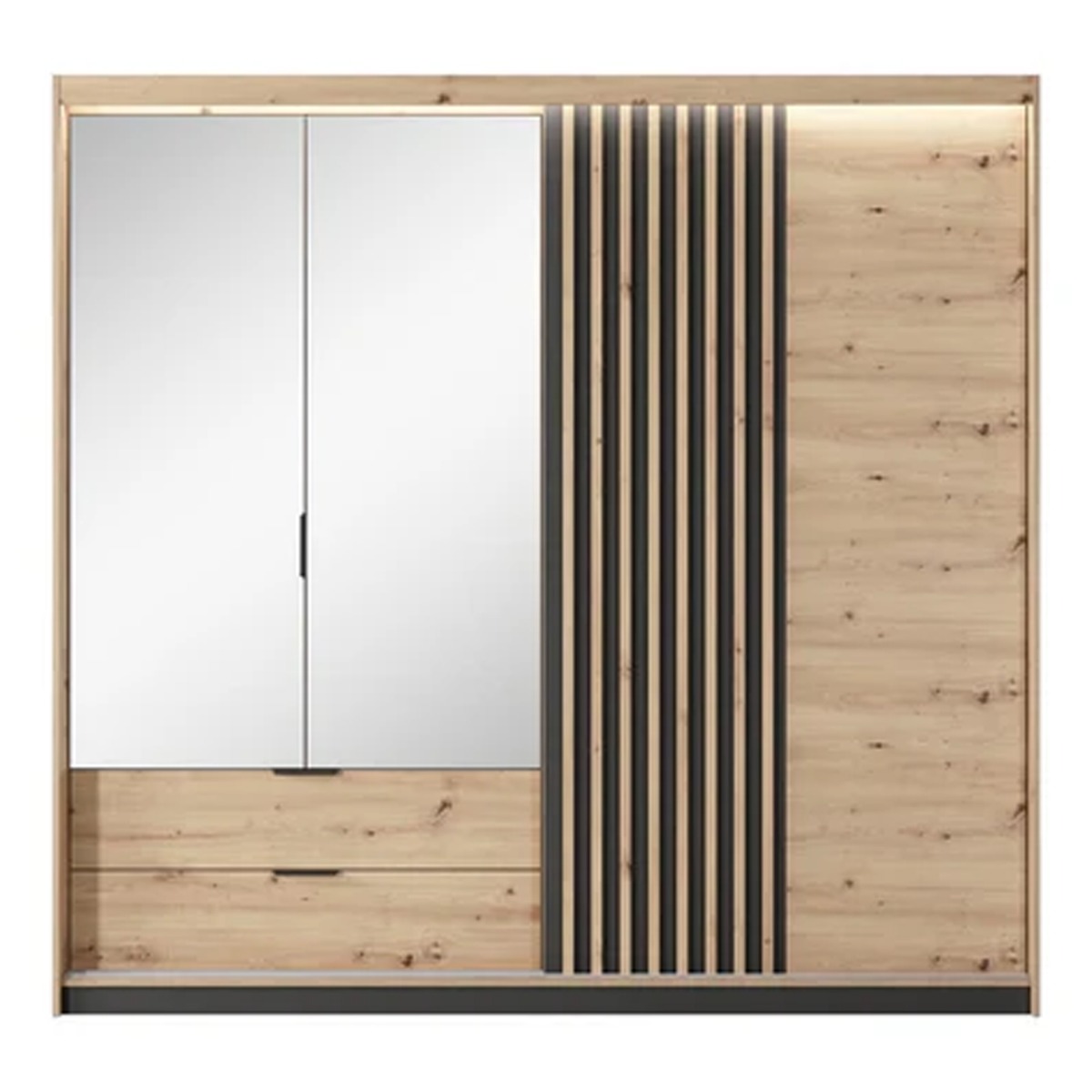 TADWORTH 4 Door Mirrored Wardrobe with 2 Drawers Medium Oak - 220cm