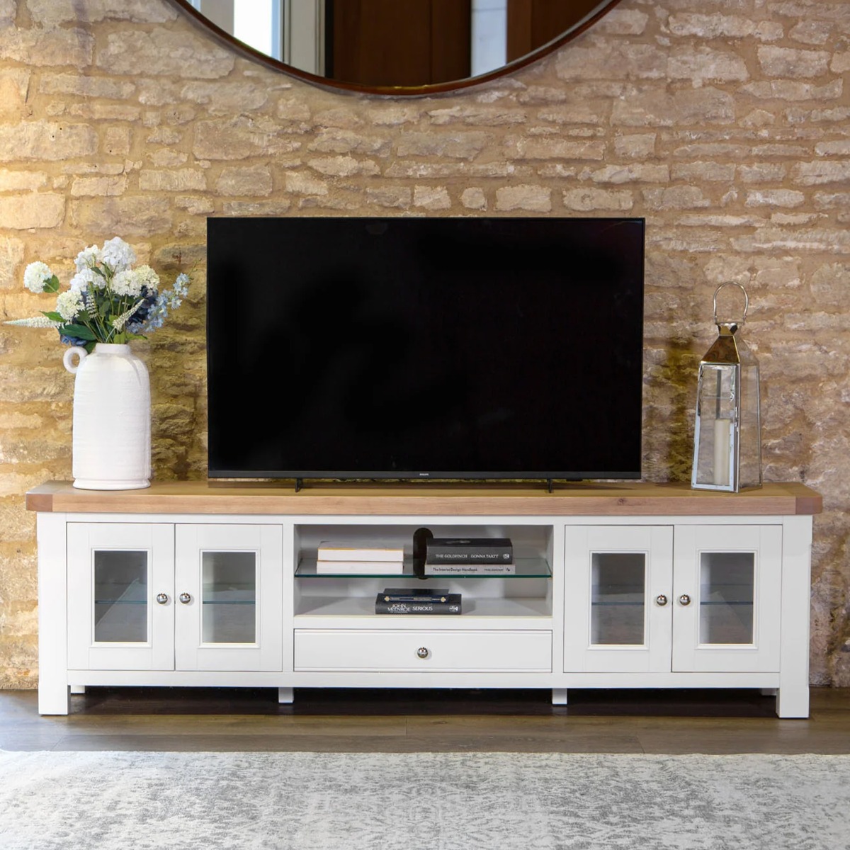 Chunky Oak Extra Large TV Unit with Glass Shelving - White