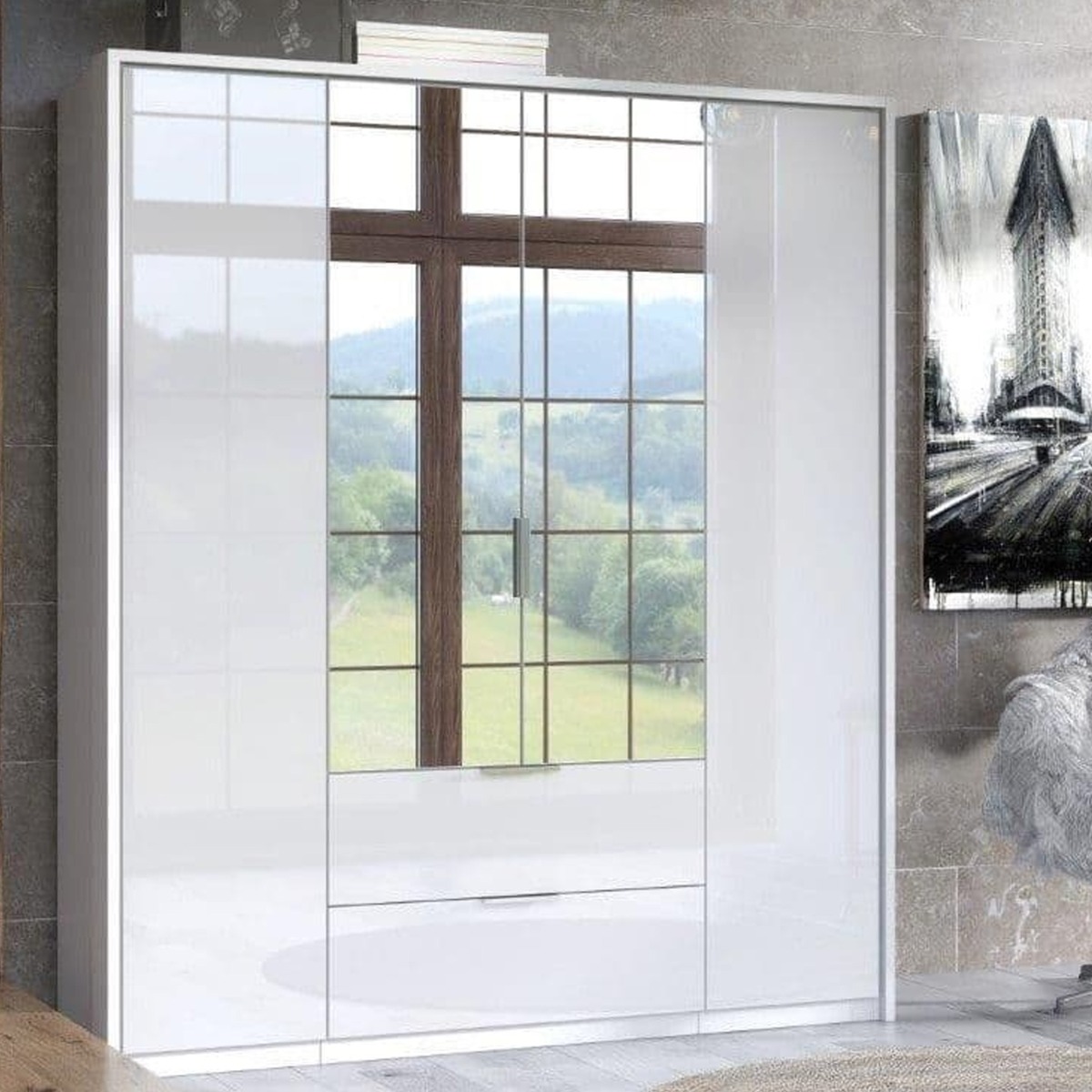 ANGELA 4 Door Mirrored Wardrobe with 2 Drawer White - 164cm