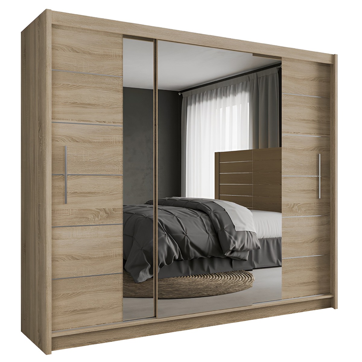 LUZERN 3 Door Mirrored Sliding Wardrobe with 2 Drawers Light Oak - 250cm