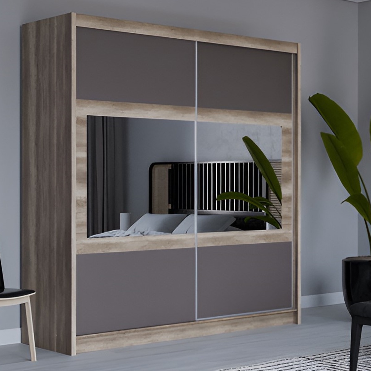 WINDSOR 2 Door Mirrored Sliding Wardrobe Oak and Grey - 203cm