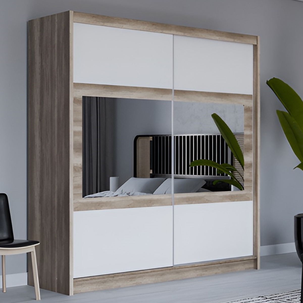 WINDSOR 2 Door Mirrored Sliding Wardrobe Oak and White - 203cm