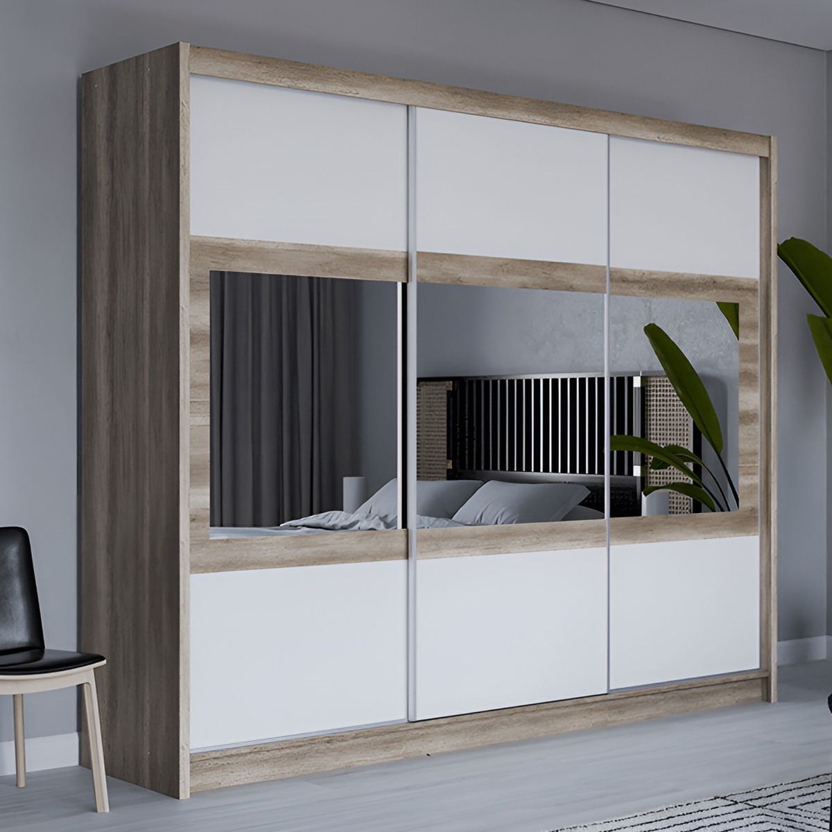 WINDSOR 3 Door Mirrored Sliding Wardrobe with 2 Drawers Oak and White - 250cm