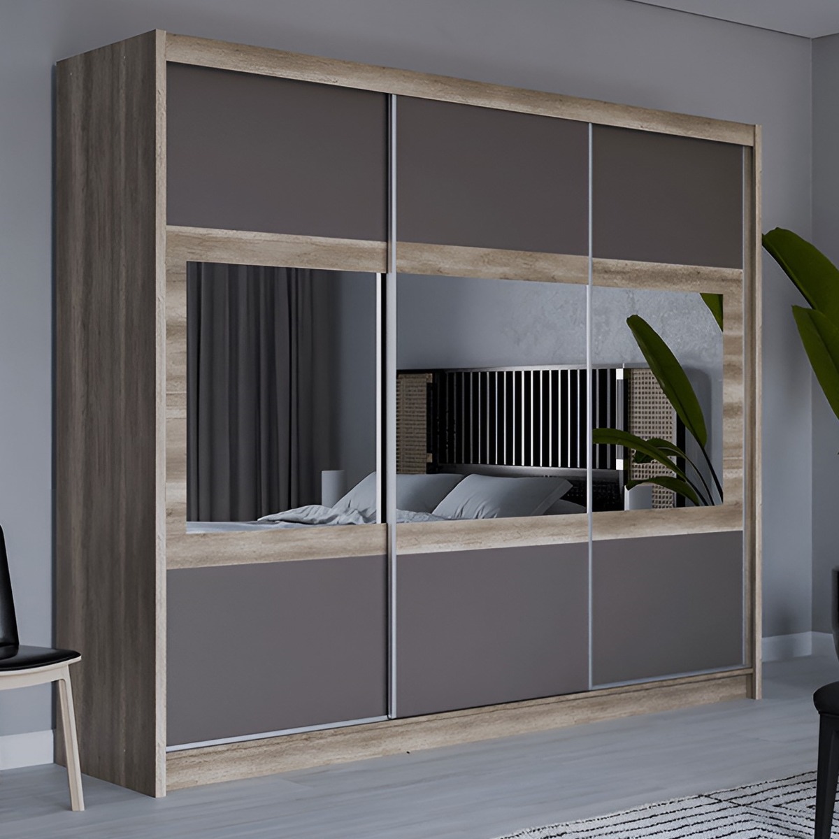WINDSOR 3 Door Mirrored Sliding Wardrobe with 2 Drawers Oak and Grey - 250cm