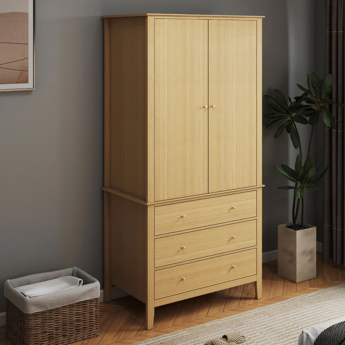 CEDARFIELD 2 Door Hinged Wardrobe with 3 Drawers Oak Effect - 100cm