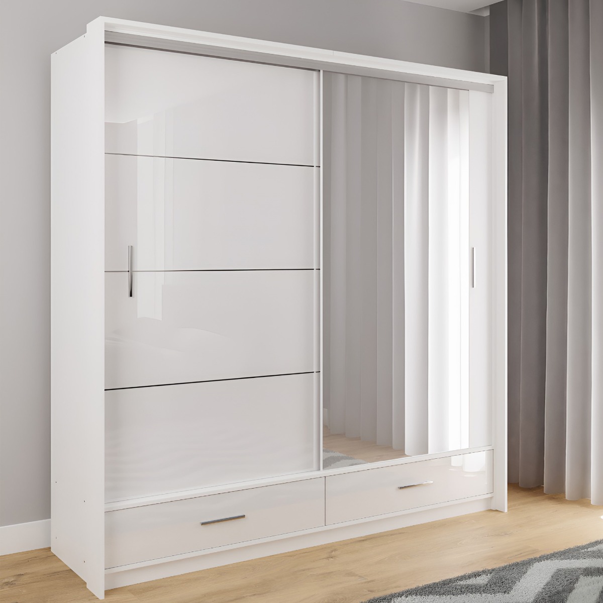 WARRINGTON 2 Door Mirrored Sliding Wardrobe with 2 Drawers White - 208cm