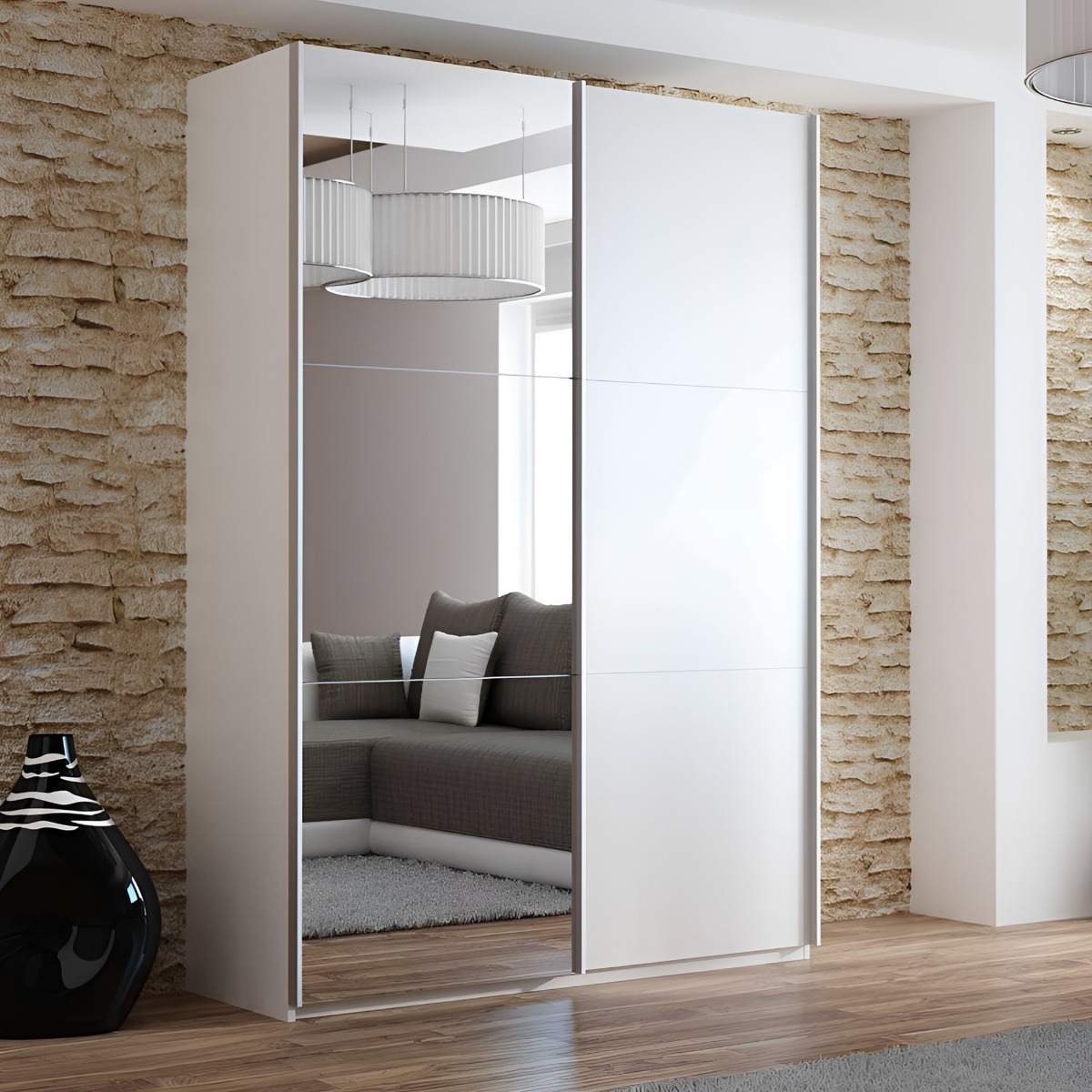 BORIS 2 Door Mirrored Sliding Wardrobe White - 151cm