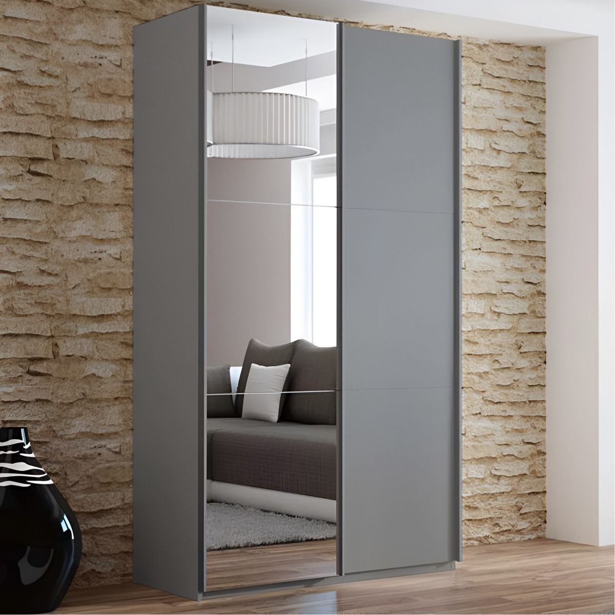 BORIS 2 Door Mirrored Sliding Wardrobe Graphite - 122cm