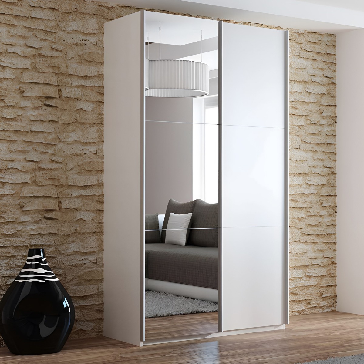 BORIS 2 Door Mirrored Sliding Wardrobe White - 122cm