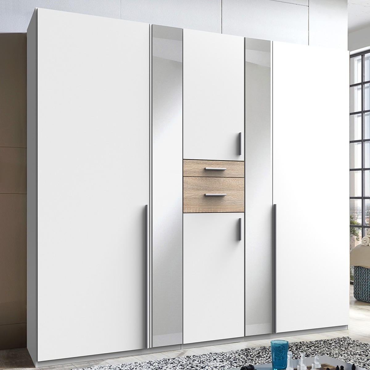 ODENSE 5 Door Mirrored Wardrobe White and Oak - 225cm