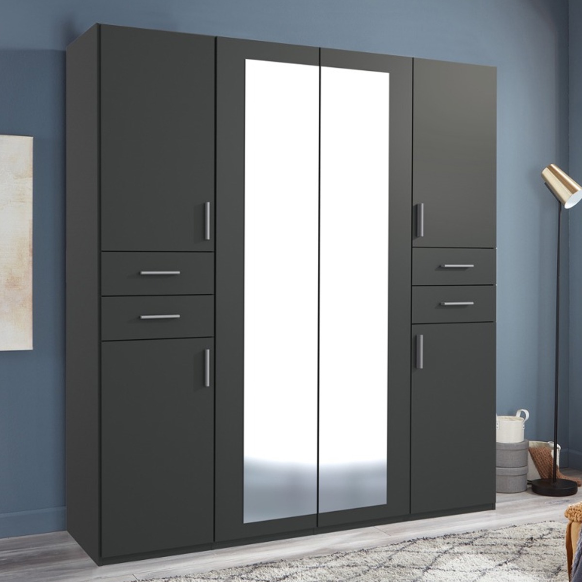 FENTON 4 Door Mirrored Wardrobe with 4 Drawers Finish Graphite - 180cm