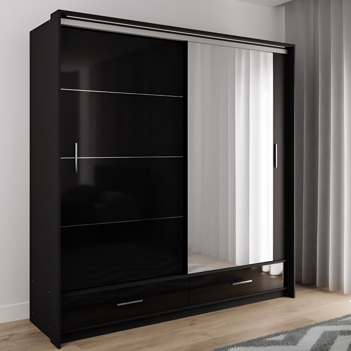 WARRINGTON 2 Door Mirrored Sliding Wardrobe with 2 Drawers Black - 208cm