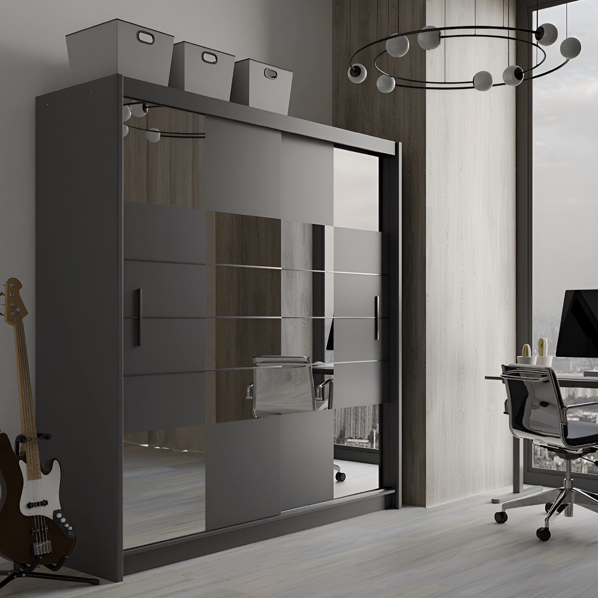 KINROSS 2 Door Mirrored Sliding Wardrobe Graphite - 203cm
