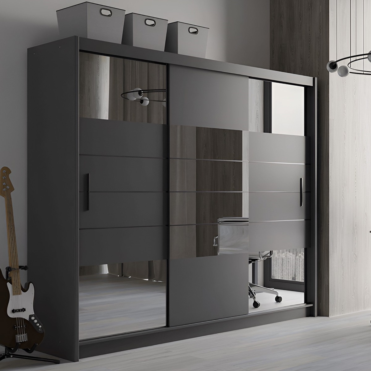 KINROSS 3 Door Mirrored Sliding Wardrobe with 2 Drawers Graphite - 250cm