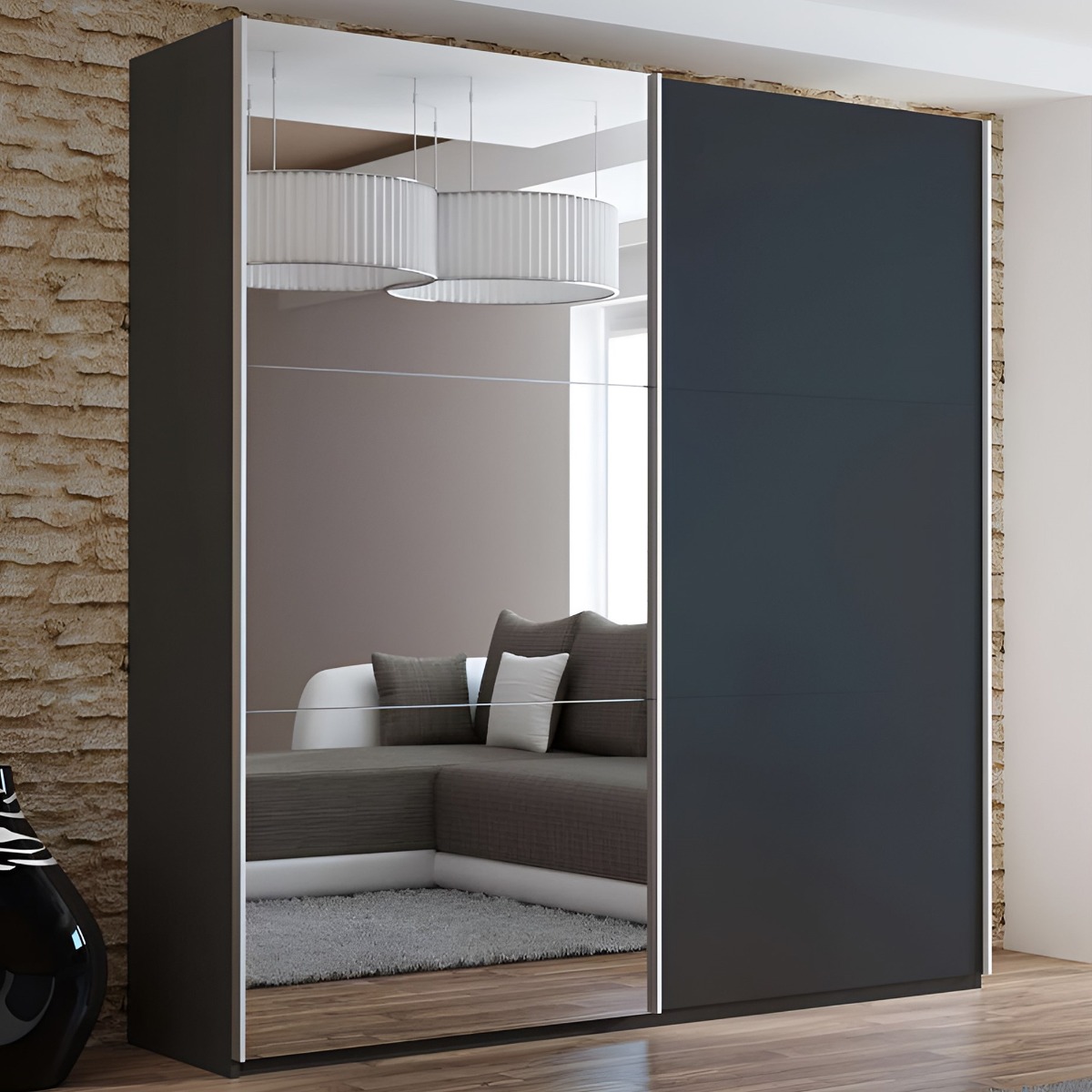 BORIS 2 Door Mirrored Sliding Wardrobe Black - 200cm
