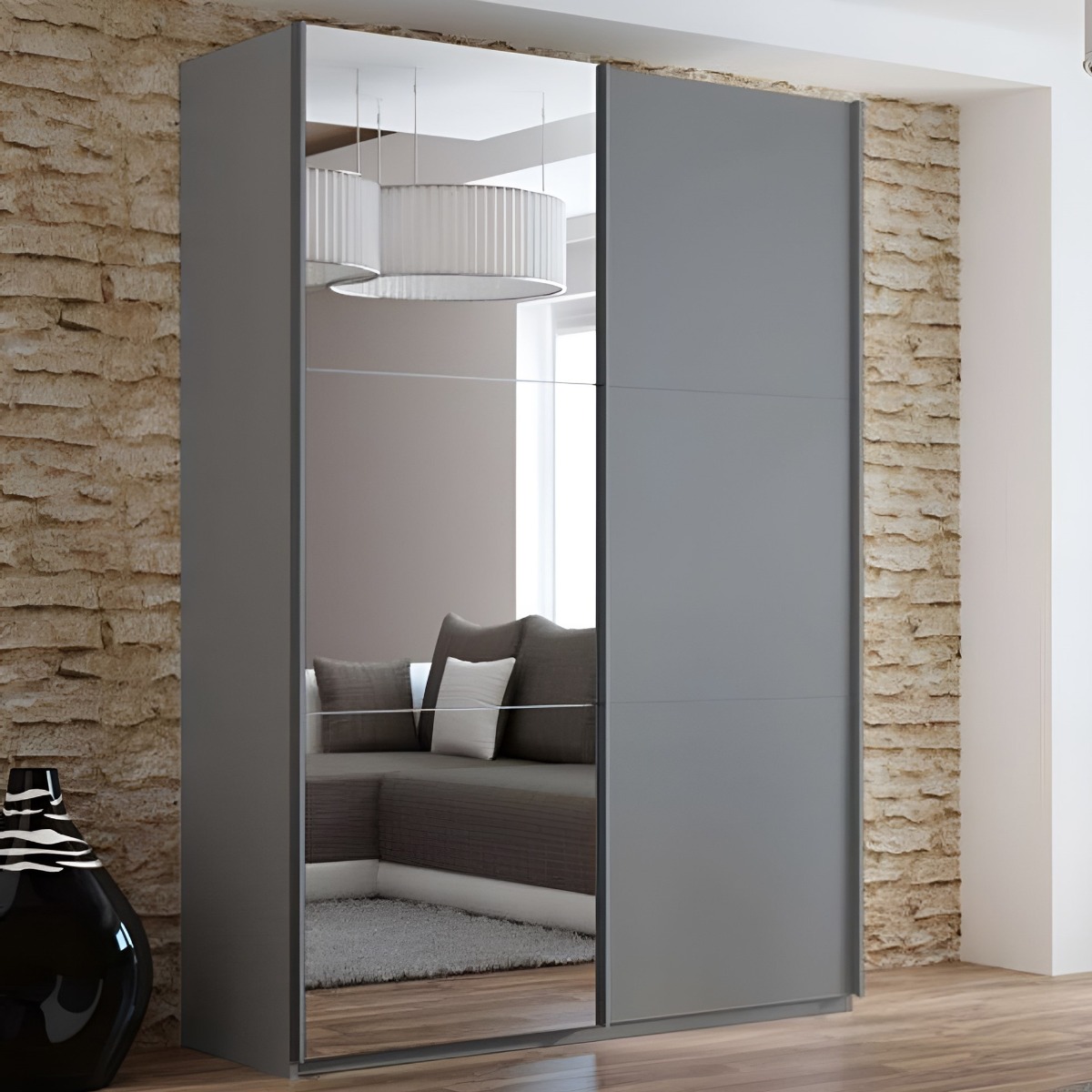 BORIS 2 Door Mirrored Sliding Wardrobe Graphite - 151cm