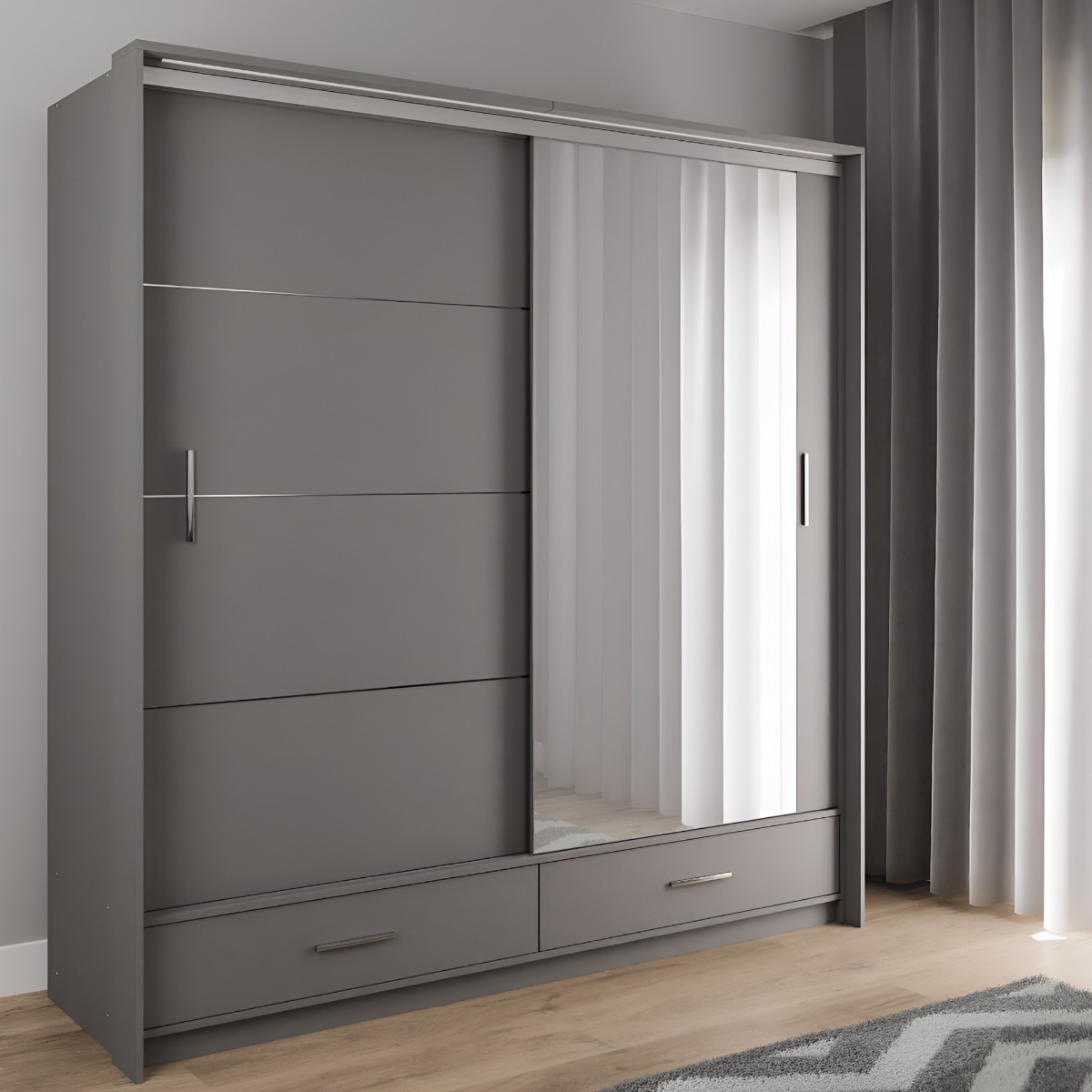 WARRINGTON 2 Door Mirrored Sliding Wardrobe with 2 Drawers Graphite - 208cm