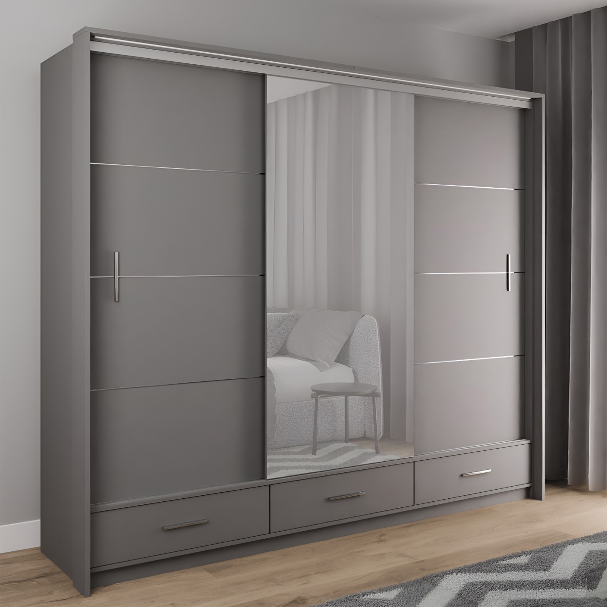 WARRINGTON 3 Door Mirrored Sliding Wardrobe with 3 Drawers Graphite - 255cm