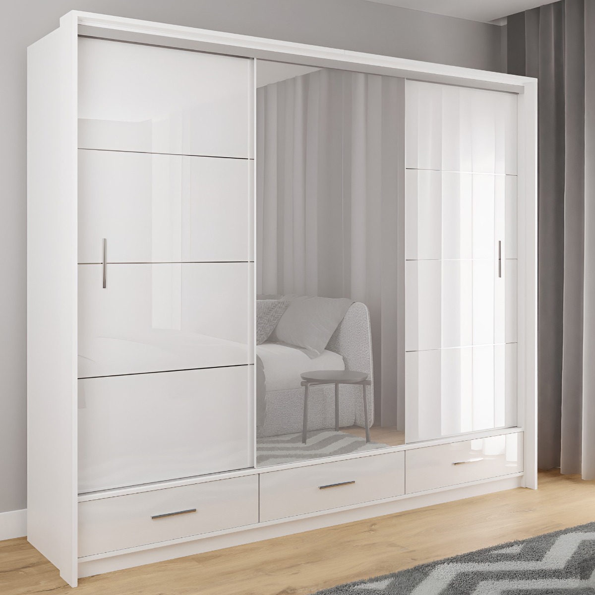 WARRINGTON 3 Door Mirrored Sliding Wardrobe with 3 Drawers White - 255cm
