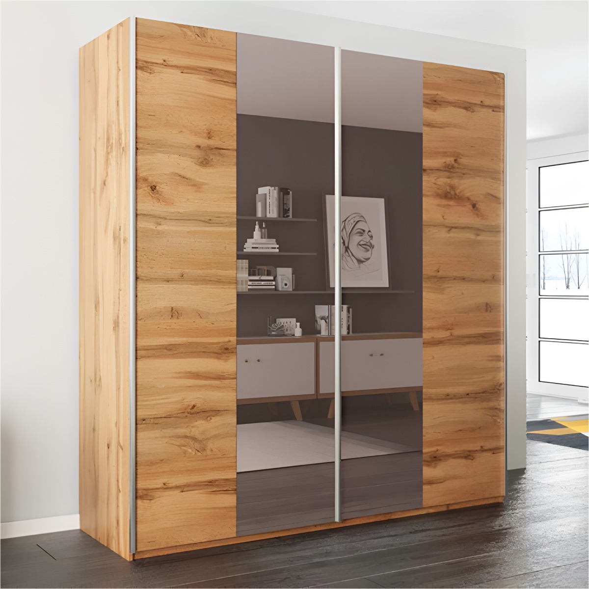 LOTHIAN 2 Door Mirrored Sliding Wardrobe Oak - 200cm